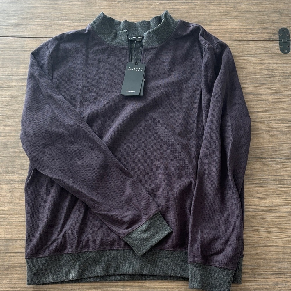 Robert Barakett Men's Dark Purple Zip-Up Sweater with Gray Trim